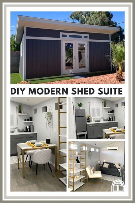 This cozy modern backyard suite shed is a creative way to add extra living space to your home. Design a studio that can serve as a modern home office, backyard retreat, guest suite, and more. When you need extra space for outdoor living and backyard entertaining ideas, check out this modern shed suite. Finished out with some DIY shed design touches, this modern studio is a beautiful backyard addition. If you love modern design, take a look at this modern studio shed suite. Diy Backyard Studio, Shed Outdoor Living Space, Small Backyard Studio, Shed With Kitchenette, Outside Studio Ideas, Diy Backyard Guest House, Diy Studio Shed, Guest House Shed Ideas, Shed Apartment Ideas