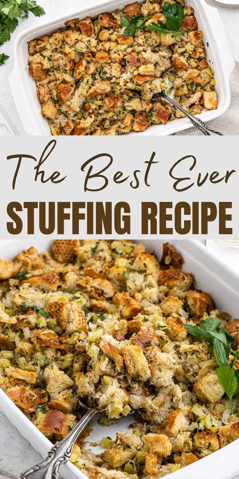 Learn how to make this Easy Stuffing Recipe and never buy the boxed stuff again. Homemade stuffing is much better and actually very simple. You will be amazed at how much flavor this stuffing has. This amazing side dish is a perfect addition to your Thanksgiving Dinner. #eatingonadime #easystuffing #thanksgivingrecipes Easy Stuffing Recipe Thanksgiving, Traditional Stuffing Recipe, Stove Top Stuffing Recipes, Homemade Stuffing Recipes, Best Stuffing Recipe, Easy Stuffing Recipe, Turkey Stuffing Recipes, Thanksgiving Stuffing Recipes, Thanksgiving Food Sides