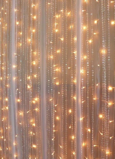 DIY crystal and fairy light sheer curtains Pink Ruffle Curtains, Fairy Light Curtain, Ruffle Curtains, Crystal Curtains, Led Curtain Lights, Curtain String Lights, Curtain Backdrops, Light Backdrop, Wedding Ceremony Backdrop