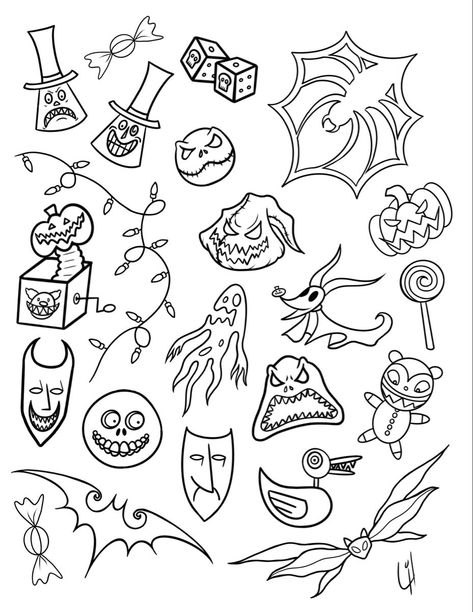 Mini Jack Skellington Tattoo, Flash Tattoos For Beginners, Nightmare Before Christmas Best Friend Tattoo, Nightmare Before Christmas Finger Tattoo, Movie Tattoo Flash Sheet, Nightmare Before Christmas Flash Sheet, Zero Frankenweenie Scraps Tattoo, Tattoo Idea Sheet, Tattoo Stencils Flash Sheet