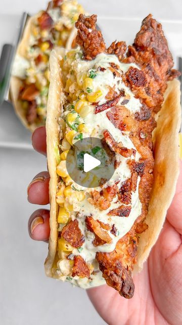 Mallory Austin | Food Blogger on Instagram: "The perfect Cinco de Mayo taco! Fried chicken topped with elote street corn and jalapeño lime ranch all wrapped in a toasted tortilla.   ✨Full recipe linked in my bio✨  #chickentaco #chickentacos #cincodemayo #tacorecipe #taco #friedchicken #streetcorn #elotes #recipereels #easymealideas" Fried Chicken Taco, Corn Taco, Corn Chicken, Austin Food, Creamy Corn, Street Corn, Tacos And Burritos, Football Food, Chicken Dishes Recipes