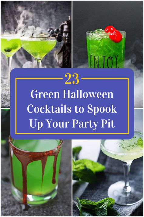 Collage of 4 green halloween cocktails. Green Halloween Cocktails Recipes, Green Halloween Shots, Halloween Batch Cocktails Recipes, Easy Green Cocktails, Green Halloween Drinks Alcohol, Green Batch Cocktail, Green Halloween Cocktail, Green Halloween Drink, Halloween Mojito