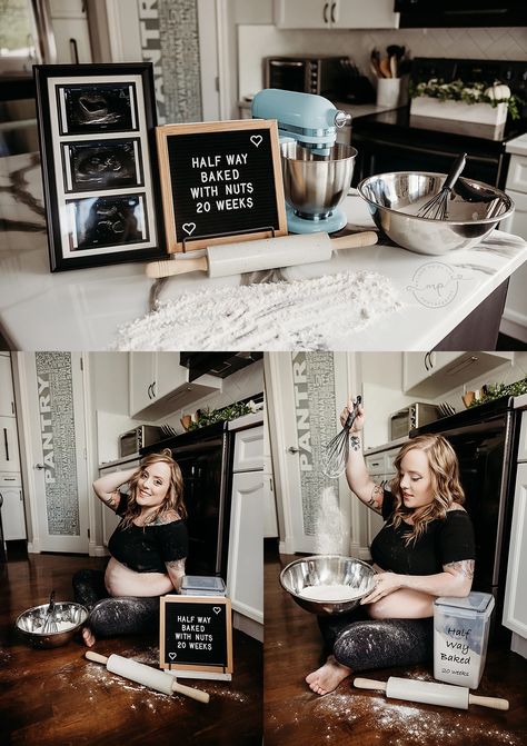 Half Way Baked Maternity Photo Inspiration - Meagan Paige Photography 20 Weeks Photoshoot, Half Baked Photo Ideas, Half Baked Baby Photo Shoot, Pregnancy Shoot At Home, Half Way Pregnancy Pictures Photo Ideas, Half Baked Photos, Half Baked, Half Baked Photoshoot, Half Baked Pregnancy Announcement