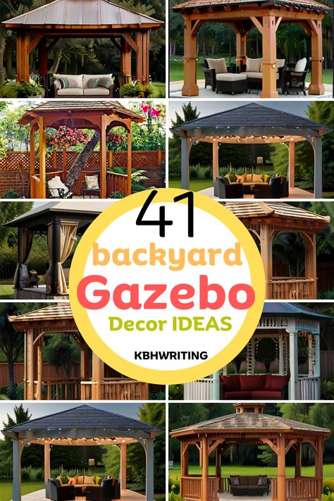 41 gazebo design ideas for your backyard! These beautiful designs range from rustic to modern, creating the perfect outdoor retreat for relaxation and entertaining. Modern Gazebo Design, Small Backyard Pavilion Ideas, Covered Gazebo Ideas, Decorating A Gazebo Backyards, Patio With Gazebo Ideas, Cozy Pergola Ideas, Diy Outdoor Gazebo Ideas, Decks With Gazebo Ideas, Decorating Gazebo Ideas Backyard