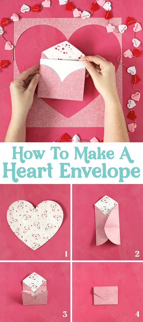 Turn a paper heart into a cute DIY envelope in four easy steps. Such a cute envelope made from a paper heart. What a fun way to deliver a love note! Valentine's Day | Paper Crafts | DIY Crafts | Craft Ideas Diy Heart Envelopes From Paper, How To Make A Envelope Out Of A Heart, Diy Love Envelope, Diy Heart Letter, Heart Into Envelope, Valentines Day Envelopes Diy, How To Fold A Heart Envelope, Heart Envelope Tutorial, Heart Shaped Cards Handmade