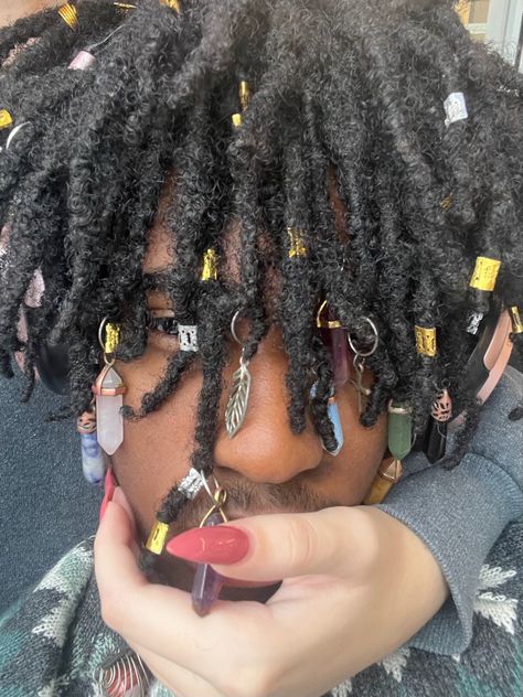 Dread Heads With Crystals, Guy With Crystals In Dreads, Alt Dreads Men, Loc Charms Men, Loc Jewelry Crystals, Dreads With Crystals Men, Crystals In Locs Guys, Crystals On Locs, Crystals In Dreads