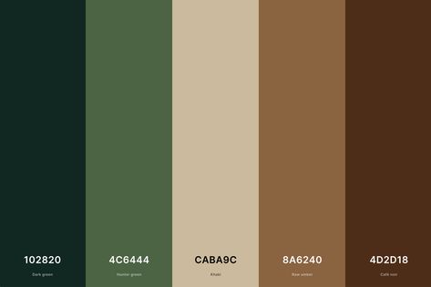 Rustic Brown & Green Color Palette Color Palette with Dark Green (Hex #102820) + Hunter Green (Hex #4C6444) + Khaki (Hex #CABA9C) + Raw Umber (Hex #8A6240) + Café Noir (Hex #4D2D18) Color Palette with Hex Codes Aesthetic Green Colour Palette, Brown And Green Pallete Color, Dark Green And Brown Bedroom Ideas, Earthy Gold Aesthetic, Aesthetic Green Color Palette, Dark Vintage Color Palette, Dark Brown Color Palette Living Room, Dark Forest Color Palette, Green Pallet Color