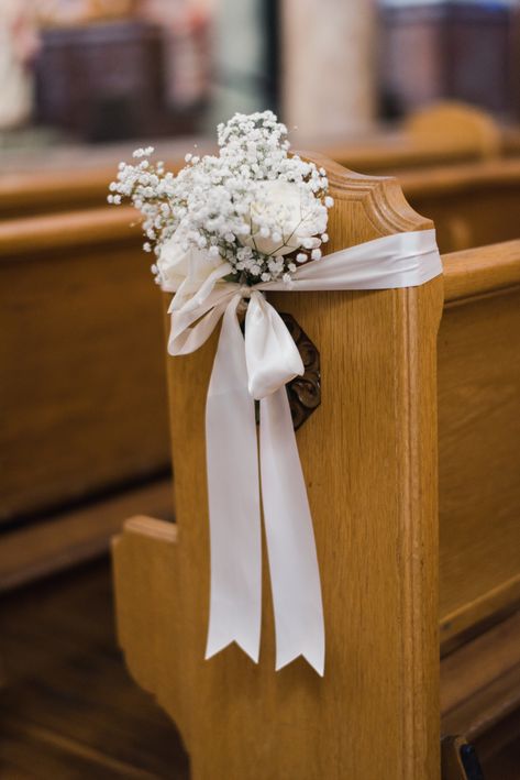 Chapel Wedding Decorations Pews, Chapel Isle Decorations, Baby’s Breath On Church Pew, Aisle Pew Decorations Wedding, Inexpensive Aisle Decorations Wedding, Decor For Church Wedding, Chapel Pew Wedding Decorations, Church Bench Decor Wedding, Simple Aisle Flowers Wedding