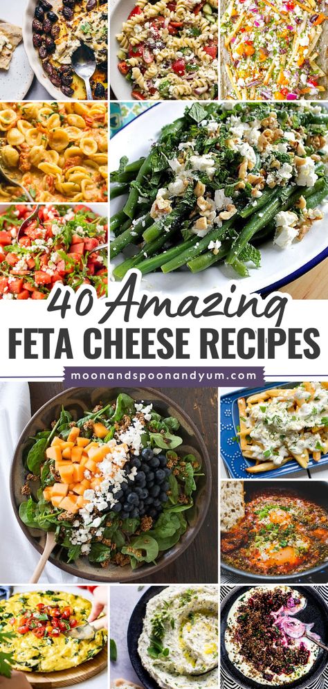 All the best recipes with feta cheese! There are breakfast recipes and brunch menu options, lunch ideas, simple appetizers or side dishes for dinner, even dinner ideas for tonight. You'll love these amazing feta cheese recipes! Recipe With Feta Cheese Easy Dinners, Appetizer Recipes With Feta Cheese, Lunch With Feta Cheese, Side Dishes With Feta Cheese, Feta Cheese Spinach Recipes, Feta Dishes Dinners, Recipes With Feta Cheese Main Dishes, Crumbled Feta Recipes, Feta Dinner Ideas