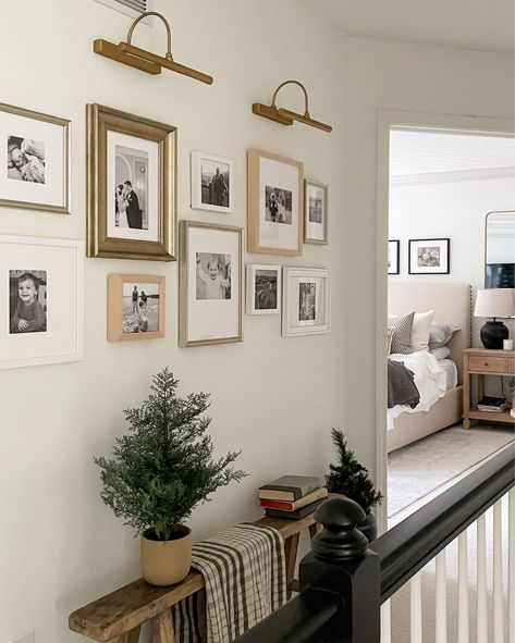 Lights Over Photo Wall, Art With Lighting Above, Gallery Wall With Small Frames, Wall Sconces Hallway Pictures, Framed Photographs On Wall, Entry Table With Gallery Wall, Wall Sconces Over Pictures, Gallery Lights Wall, Gallery Wall For Large Wall