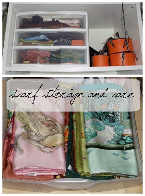 scarf storage and care - une femme d'un certain âge How To Store Scarves In Closet, Silk Scarf Storage, How To Store Silk Scarves, Organizing Scarves, Storing Scarves, How To Store Scarves, Liberty Scarf, Hanging Shoe Storage, Shoe Storage Unit