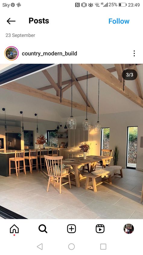 Vaulted Ceilings In Kitchen, Barn Conversion Kitchen, Stable Conversion, Aga Kitchen, Gable Window, Pitched Ceiling, Large Open Plan Kitchens, Open Plan Kitchen Dining Living, Barn Kitchen