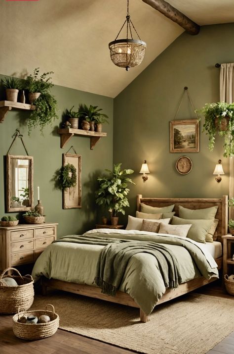 Make My Apartment Feel Like Home, Cute Green Bedroom Ideas, Earthy Room Ideas Bedroom, One Green Wall Bedroom, Bedroom Decor Green Walls, Bedroom In Living Room Ideas, Cottage Bedrooms Ideas, Cozy Bedroom Green, Green Wall Bedroom