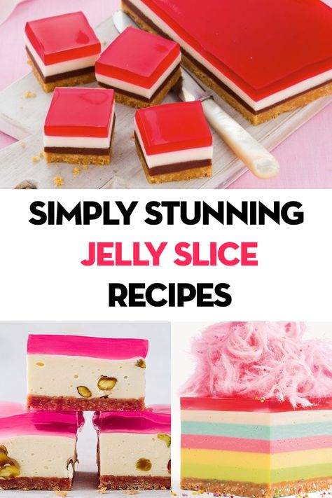 Jelly Desserts Ideas, Jelly Sweets Recipe, Anzac Slice Recipe, Jelly Slice Recipe, Jelly Dessert Recipes, Jelly Dessert Ideas, Jello Bars, Jelly Recipes Desserts, Jelly Cake Recipe