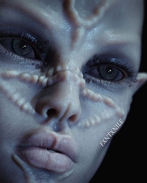 Alien Skin Texture, Alien Skin Tones, Alien Prosthetic Makeup, Alien Sfx Makeup, Silver Alien Makeup, Alien Aesthetic Makeup, Sci Fi Fantasy Aesthetic, Sci Fi Portrait, Aliens Concept Art