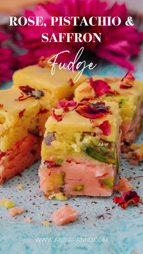 Rose, Pistachio & Saffron Fudge Indian Dessert Recipes For Party, Fusion Diwali Sweets, Easy Barfi Recipe, Fusion Desserts Indian, Easy Diwali Desserts, Indian Fusion Sweets, Diwali Dessert Ideas, Easy Diwali Sweets Recipe, Diwali Sweets Photography