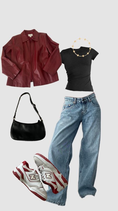 i want a red leather jacket so bad #outfitinspo Night Downtown Outfit, Red Jacket Leather Outfit, Going Out Leather Jacket Outfit, Outfit With A Leather Jacket, All Too Well Aesthetic Outfit, Outfit Ideas With Red Hair, Outfit Inspo Jacket, Small Leather Jacket Outfit, Outfit With Red Leather Jacket