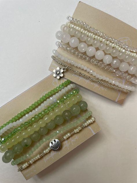 Bracelet stacks which are perfect for pairing with all your cute outfits or stack it up with your watches✨. Layered Beaded Bracelets Diy, Beaded Stacking Bracelets, Bracelet Stack Bead, Stacking Beaded Bracelets, Stackable Bracelets Beaded, Green Bracelet Stack, Beaded Stack Bracelets, Friendship Bracelet Stack Ideas, Beaded Bracelets Stack