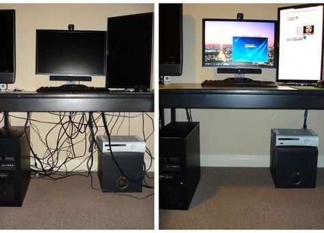 How to hide cords on open desks. This is awesome! This is the one I will be doing! Get that power strip off the floor! Hide Desk, Ikea Countertop, Countertop Desk, Hidden Desk, Hide Cords, Cable Management, Office Organization, Cleaning Organizing, Home Hacks