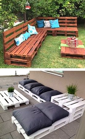 Backyard Patio Furniture, Container Water Gardens, Pallet Projects Easy, Pallet Garden Furniture, Pallet Patio Furniture, Garden Pallet, Pallet Patio, Pallet Sofa, Recycled Garden