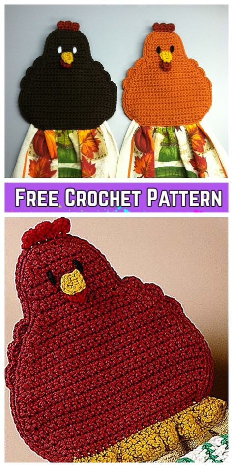 Crochet Chicken Towel Topper Free Crochet Pattern Chicken Applique Patterns, Crochet Towel Tops, Chicken Applique, Crochet Dish Towels, Crochet Topper, Crochet Towel Holders, Crochet Pot Holders Free Pattern, Crochet Towel Topper, Crochet Kitchen Towels