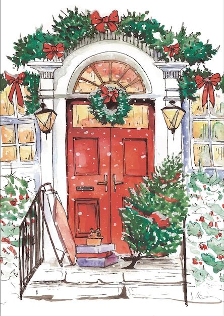 Watercolor hand drawn illustration chris... | Premium Vector #Freepik #vector #christmas-tree-watercolor #christmas-door #winter-invitation #winter-house Watercolor Doors, Marry Christmas Card, Christmas Watercolors, Christmas Doors, Christmas Card Size, Traditional Christmas Cards, Christmas Canvas Art, Winter Watercolor, Christmas Card Art