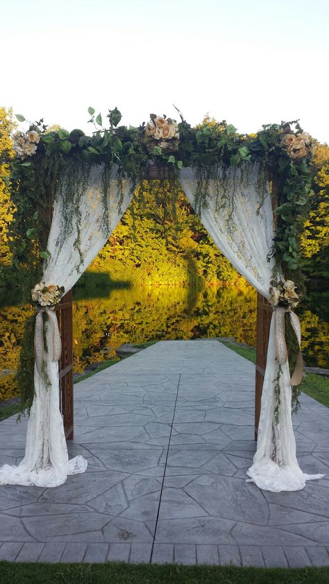 Arch With Curtains, Wedding Trellis, French Country Wedding, Wood Arch, Lace Curtains, Brunch Party, Grand Entrance, Wedding Arch, Wedding Bells