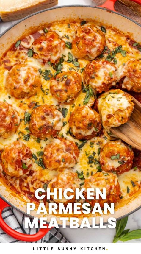 Chicken Parmesan Meatballs are easy to make with ground chicken, simmered in a flavorful tomato sauce and topped with melty mozzarella cheese. Savory Ground Chicken Recipes, Optavia Chicken Meatballs, Chicken Recept Healthy, Italian Chicken Meatballs Pioneer Woman, Parmesan Garlic Meatballs, Ground Chicken Mozzarella Recipes, Healthy Family Friendly Recipes, Easy Dinner Ground Chicken, Ground Chicken And Tomato Recipes