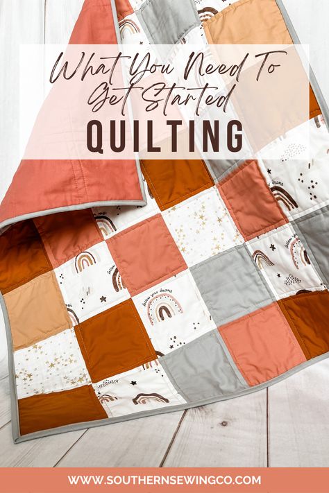 Diy Quilt Beginners, Quilting Must Haves, Easy Hand Sewn Quilts For Beginners, How To Make A Patchwork Quilt For Beginners, Quilt For Beginners Easy, Easy First Quilt Pattern, Hand Sewing A Quilt, Step By Step Quilting For Beginners, Baby Quilted Blanket