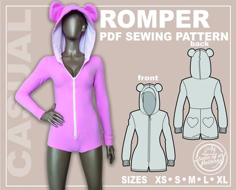 THIS IS A SEWING PATTERNS AND NOT A READY TO WEAR  PRODUCT.  Pattern women's ROMPER with long sleeves and a hood, made of soft elastic fabric. It has a front zipper. At the back, there are two heart-shaped pockets. The sleeve cuffs are finished with cuffs. Two decorative ears are sewn onto the hood.  THIS LISTING INCLUDES PACK SIZES XS, S, M, L, XL, SO YOU CAN SELECT ONLY THE SIZE YOU WANT TO PRINT. You will receive an email from "Etsy" wish a link to download the files right after payments. The Sewing Patterns Trendy, Gamer Sewing Projects, Dance Sewing Patterns, Rave Sewing Patterns, Matching Set Sewing Pattern, Rave Outfits Diy, Romper Sewing Pattern, Rave Fits, Fashion Design Template