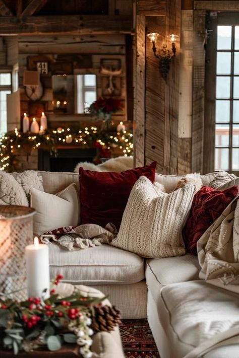 Rustic Christmas Theme Color Palettes to Try Home For Christmas Theme, Cabin Chic Christmas Decor, Winter Cabin Christmas Decorating Ideas, Rustic Christmas Tree Decorations Ideas, Barndominium Christmas Decor, Christmas Decorating Inspiration, Christmas Decor Color Palette, Cozy Traditional Christmas Aesthetic, Warm Cabin Aesthetic