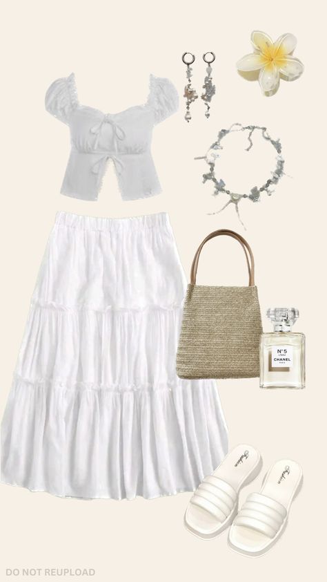 White maxi skirt outfit Beach Maxi Skirt Outfit, Beach Outfit Korean Style, Boho Maxi Skirt Outfit, Korean Beach Outfit, White Maxi Skirt Outfit, Girls Maxi Skirt, Modest Spring Outfits, Girls Long Skirts, Maxi Skirt White