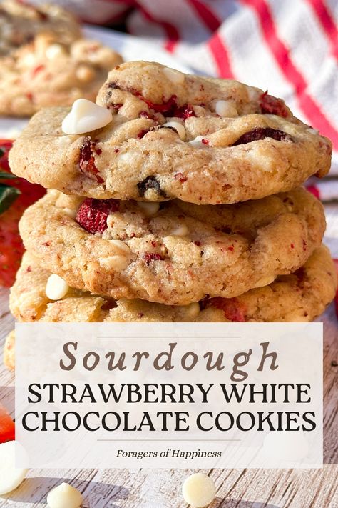 Sourdough Strawberry white chocolate chip cookies are the perfect sweet and fruity cookie filled with sweet strawberries and white chocolate chips. These sourdough discard cookies are easy to make and can be made the same day or left to long ferment for several days to make ahead of time. You can also freeze the cookie dough and make the months in advance to prepare for the holidays. This quick sourdough discard cookie recipe is a fun way to use extra sourdough starter for any event. Strawberry White Chocolate Sourdough, Sourdough White Chocolate Cranberry Cookies, Sourdough White Chocolate Chip Cookies, Sourdough Discard Sweets, Sourdough Discard Cookie Recipes, Sourdough Christmas Cookies, Sourdough Discard Strawberry, Starting Sourdough, Sourdough Cookies Recipe