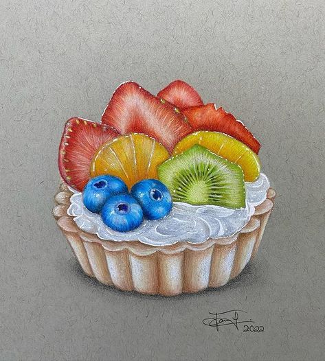 Art Fruit Drawing, Colored Pencil Food Drawings, Dessert Drawing Realistic, Colour Pencil Drawing Ideas, Pastries Drawing, Easy Colored Pencil Drawing, Realistic Drawings Colored Pencils, Dessert Drawings, Colorpencils Drawing