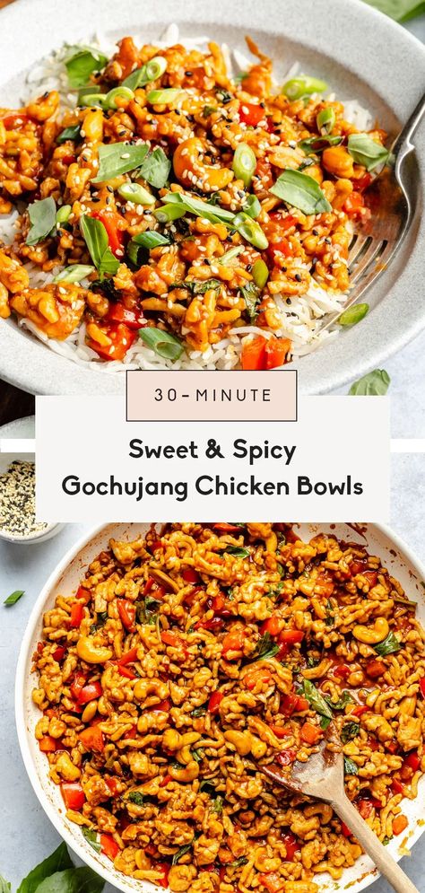 Sweet and spicy gochujang chicken bowls made with a flavorful sauce, beautiful veggies, and plenty of protein from lean ground chicken. These easy, one pan basil chicken bowls take just 30 minutes to make for the perfect weeknight meal! Options to serve with fresh garnishes over rice or noodles. Gochujang Chicken, Chicken Bowls, Ambitious Kitchen, Meal Options, Ground Chicken Recipes, Basil Chicken, Chicken Bowl, Veggie Stir Fry, Cooked Veggies