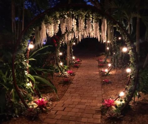 Moon Gate Aesthetic, Dreamy Whimsical Wedding, Dark Forest Prom Theme, Outdoor Wedding Venues Enchanted Forest, Magical Garden Fantasy Night, Fairy Garden At Night, Garden Wedding Night Outdoor, Forest Wedding Diy Decor, Outdoor Christmas Wedding Ideas