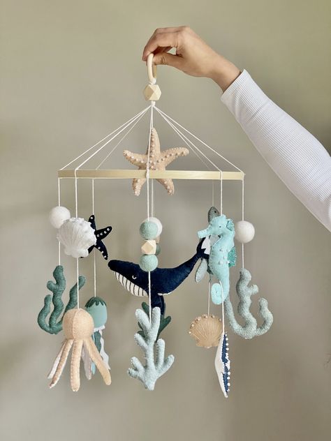 Under The Sea Stuffed Animals, Diy Felt Ocean Animals, Sea Animal Mobile, Octopus Nursery Theme, Deep Sea Nursery Ideas, Marine Animal Nursery, Under The Sea Mobile, Marine Life Nursery, Ocean Themes Nursery