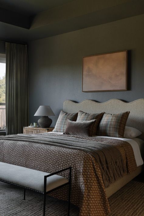 11 Best Moody and Romantic Bedroom Paint Colors Best Moody Bedroom Paint Colors, Moody Charcoal Bedroom, Scones Bedroom, Primary Bedroom Paint Colors, Moody Bedroom Colors, Color Drenching Bedroom, Romantic Bedroom Paint Colors, Moody Primary Bedroom, Moody Modern Bedroom