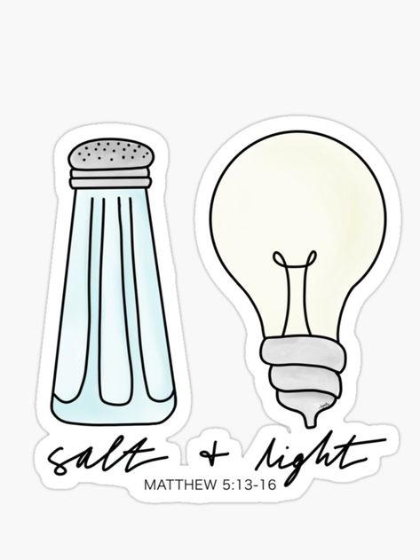 salt shaker and light bulb with phrase, salt and light written in cursive underneath. The words Matthew 5:13-16 in small print letters at the bottom Christian Stickers Free Printable, Jesus Stickers, Bible Matthew, Matthew Bible, Bible Verse Stickers, Bible Stickers, Cute Bible Verses, Doctor Stickers, Cute Bibles