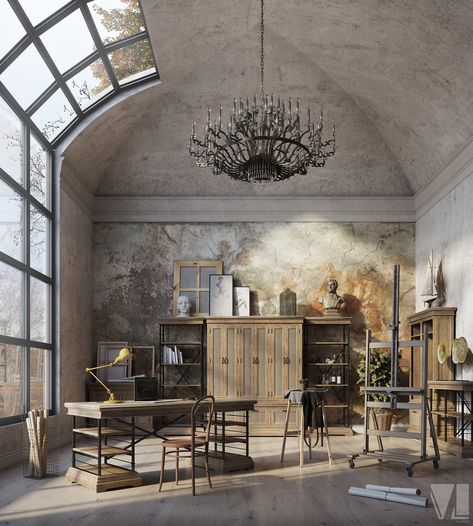 Vintage Industrial Décor, Industrial Loft Decor, Studio Apartment Design, Art Studio Design, Vintage Industrial Decor, Loft Decor, Eclectic Bedroom, Workspace Inspiration, Loft Living