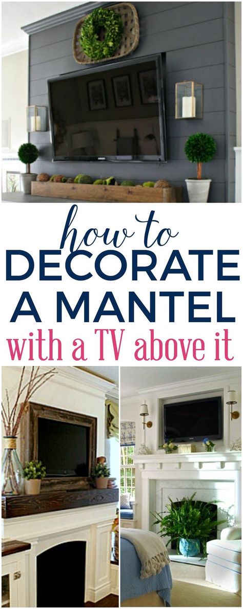 How to Decorate a Mantel with a TV Above It #howto #homedesign #homedecor #mantel #decorating Mantle With Tv, Tv Mantle, Tv Above Fireplace, Farmhouse Mantle Decor, Farmhouse Mantle, Tv Over Fireplace, Fireplace Mantle Decor, Fireplace Mantel Decor, Farmhouse Fireplace