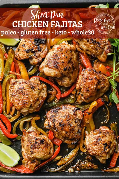 These quick and easy keto Sheet Pan Chicken Fajitas are a delicious spin on traditional fajitas. The perfectly spiced chicken thighs are crispy on the outside, while tender and juicy on the inside. Cooked with a medley of sliced peppers and onions. This dish can be ready and on the table in less than 30 minutes. Chicken Fajita Keto Recipes, Sheet Pan Chicken And Peppers And Onions, Healthy Sheet Pan Fajitas Chicken, Low Carb Sheet Pan Chicken Fajitas, Chicken Fajita Casserole Low Carb, Baked Fajitas, Sheet Pan Meals Chicken, Pan Chicken Fajitas, Chicken Fajita Recipe