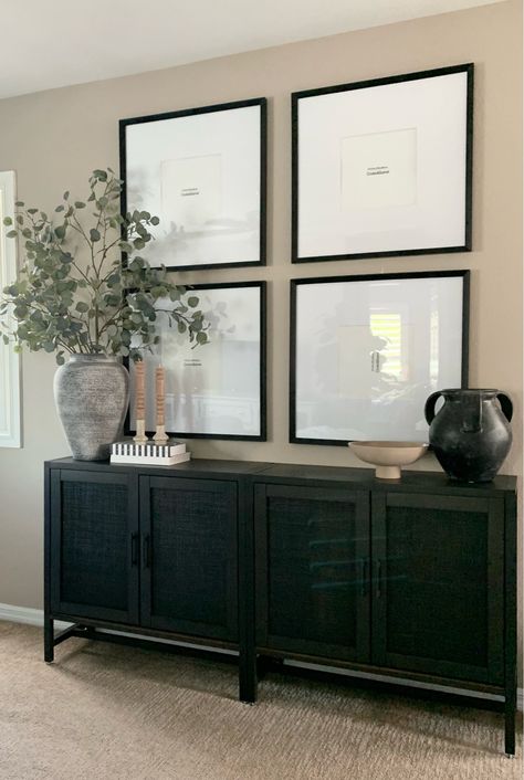 Black And Wood Living Room Furniture, Console Cabinet In Living Room, Black Dresser In Living Room, Office Sideboard Decor, Home Office With Sideboard, Black Wall Home Office Ideas, Back Of Living Room Ideas, Modern Home With Black Accents, Black Accent Furniture Living Rooms