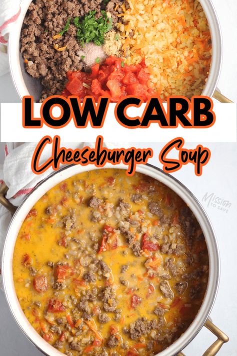 Craving a cheeseburger on your low carb or keto diet? Satisfy that taste with this Low Carb Cheeseburger Soup recipe. It's a keto-friendly comforting meal that the whole family will love. Easy Low Carb Cheeseburger Soup, Cheeseburger Soup Crockpot Keto, Low Carb Crockpot Recipes Easy, Hamburger Soup Keto Low Carb, Low Carb Meals Slow Cooker, Cauliflower Cheeseburger Soup, Savory Keto Dinners, Keto Beef Soup Recipes Low Carb, Keto Cheeseburger Soup Recipes