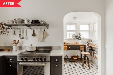 After: Bright, modern farmhouse-style kitchen with black and white tile floors Black And White Tile Kitchen Floor Vintage, 1920 Kitchen Design, Black And White Tile Kitchen, 1920s Kitchen Remodel, 1920 Kitchen, Vintage Kitchen Tile, White Kitchen Floor, White Tile Kitchen Floor, Laundry Remodel