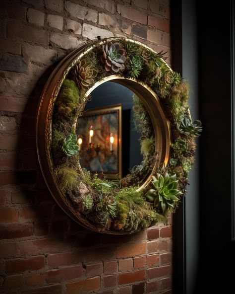 Round moss and succulent wall decor, design concept by Paje Honor Moss And Succulent Wall, Plant Mirror, Forest Mirror, Corner Gardens, Moss Mirror, Succulent Wall Decor, Dark Green Bathrooms, Wall Planters Indoor, Meditation Room Decor