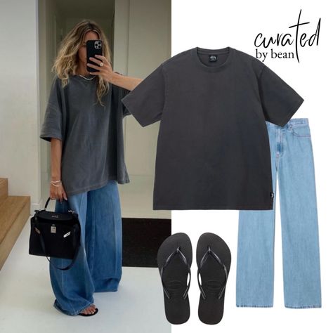 Womens trendy outfits oversized tshirt baggy jeans hermes kelly stylish outfit aesthetic relaxed Xl Tee Shirt Outfit, Long Tshirt Outfit Jeans, Baggy Tee And Jeans, Oversized Grey T Shirt Outfit, Jeans And Black Tshirt Outfit Women, Outfit With Tshirt Casual, Oversize Top Outfit, Oversized Tshirt Office Outfit, Oversize Black Tshirt Outfit