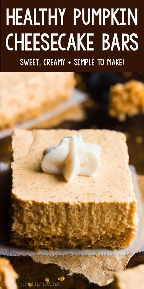 Healthy Pumpkin Cheesecake Bars – a super easy, fail-proof recipe that's perfect for Thanksgiving! Sweet, creamy & secretly healthy enough for breakfast! ♡ easy sugar free pumpkin cheesecake bars. gluten free low carb pumpkin cheesecake bars. ultimate best ever pumpkin cheesecake bars recipe. Cheesecake Bars Gluten Free, Healthy Pumpkin Cheesecake Bars, Pumpkin Cheesecake Bars Recipe, Best Pumpkin Cheesecake, Gluten Free Pumpkin Cheesecake, Healthy Pumpkin Cheesecake, Low Carb Pumpkin Cheesecake, Low Calorie Pumpkin, Bars Gluten Free