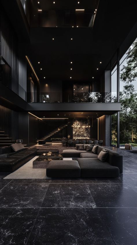 Make your living room both stylish and cozy with these ideas. Dark House Aesthetic Living Room, Modern Luxury House Design Interior, Black Themed House Interior, Black Minimalist House Interior Design, Black Front Room Ideas, Dark Aesthetic Interior Design Ideas, Industrial Home Aesthetic, Black Aesthetic Interior, Dark Moody Apartment