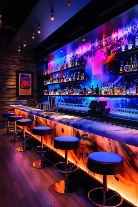 Neon Lights Bar Interior Design, Restobar Interior Design, Bar Interior Design Pub, Club Interior Nightclub, Strip Club Interior, Restaurant Bar Design Ideas, Club Bar Design, Clubs Aesthetic, Nightclub Design Lighting